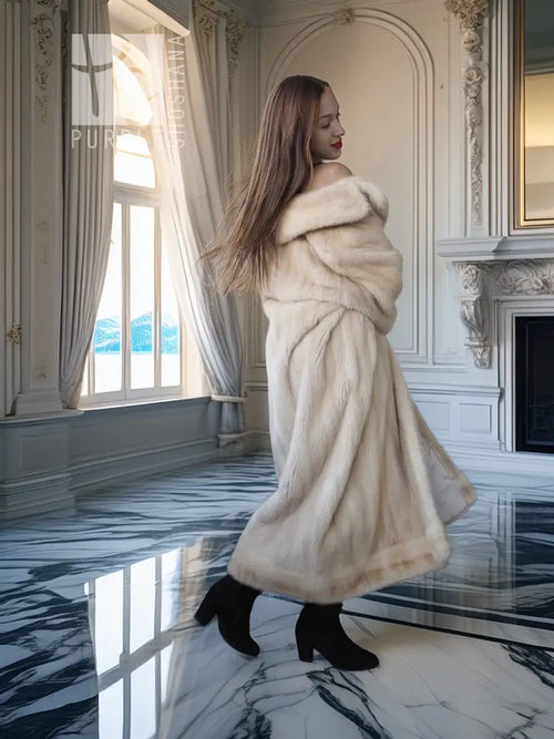 Ivory mink fur coat with shawl collar, shown from the back and side