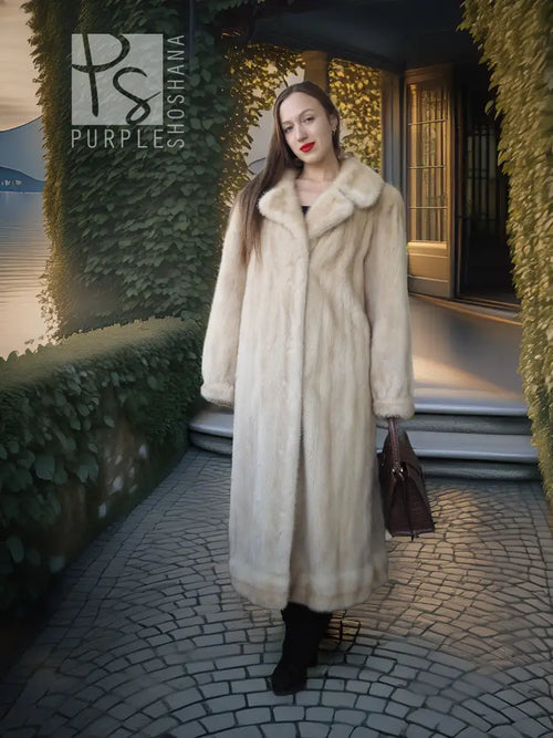Ivory mink fur coat with shawl collar and full-length cut, standing portrait