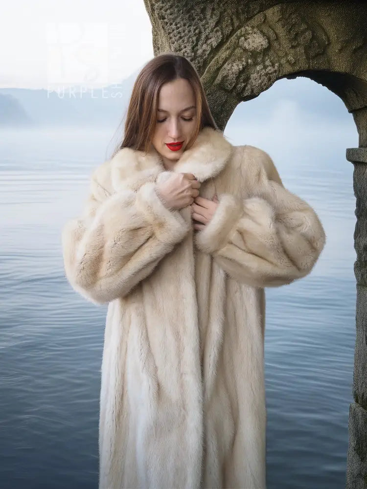 Ivory mink fur coat close-up of shawl collar and thick fur texture at the front