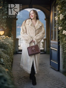 Ivory mink fur coat with shawl collar and long sleeves, full-length