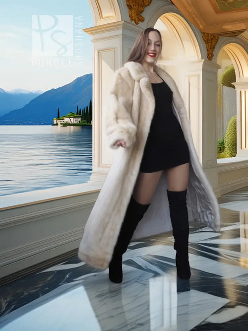 Ivory mink fur coat with shawl collar, long hem and oversized fur texture
