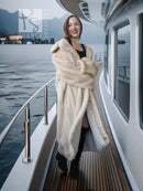 Pearl mink fur coat, wide collar and plush long sleeves, full-length silhouette