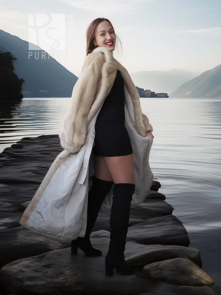 Cream fur coat draped over shoulders, open front showing a fitted black dress.
