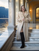Ivory mink fur coat with shawl collar, open front and long sleeves, front view