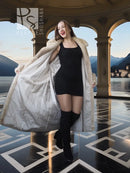 Ivory mink fur coat with shawl collar, flowing long silhouette and sleeves