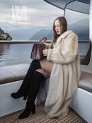 Pearl mink fur coat with open front and wide collar, long sleeves, ankle length