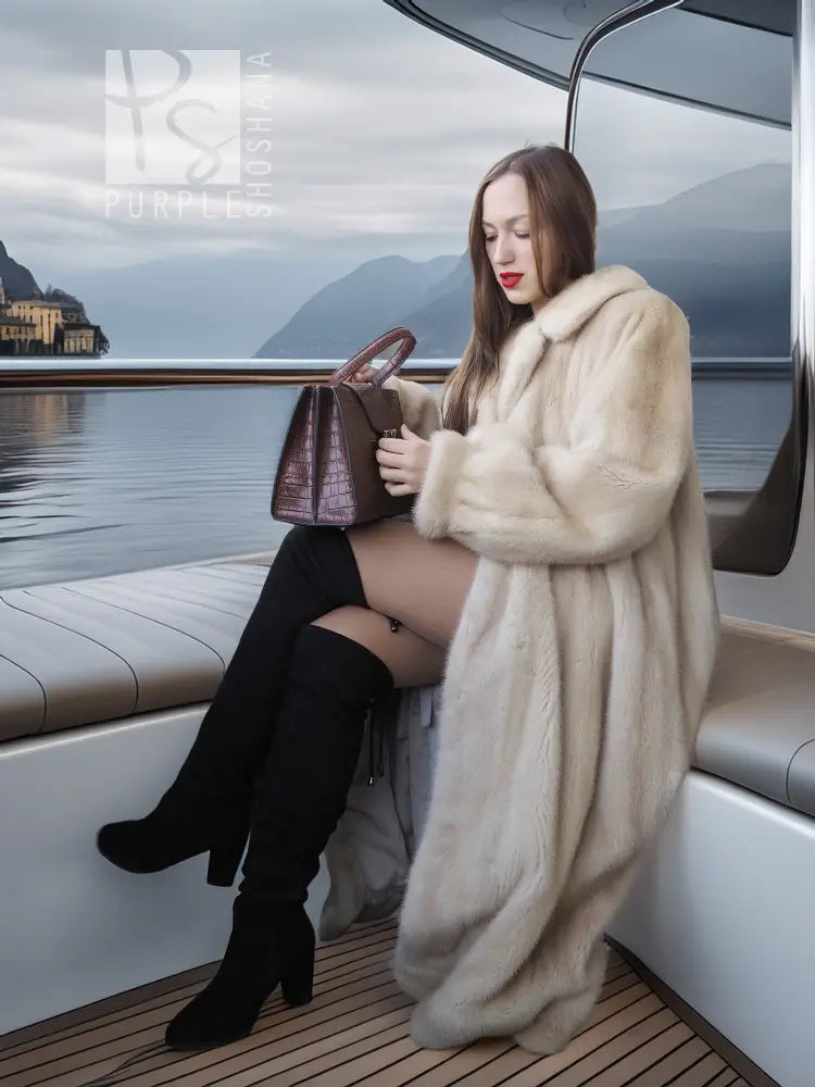 Pearl mink fur coat with open front and wide collar, long sleeves, ankle length