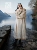 Light cream long fur coat with wide collar, button-front, and beltless silhouette.