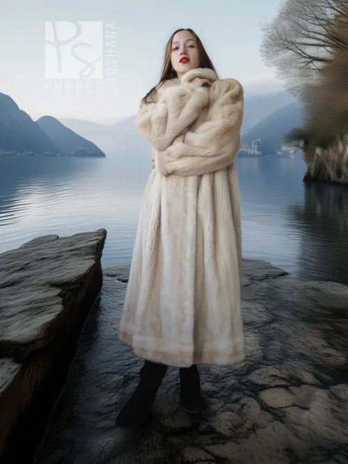 Light cream long fur coat with wide collar, button-front, and beltless silhouette.