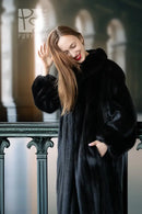 Black mink full-length coat with plush fur collar, open front and straight fit