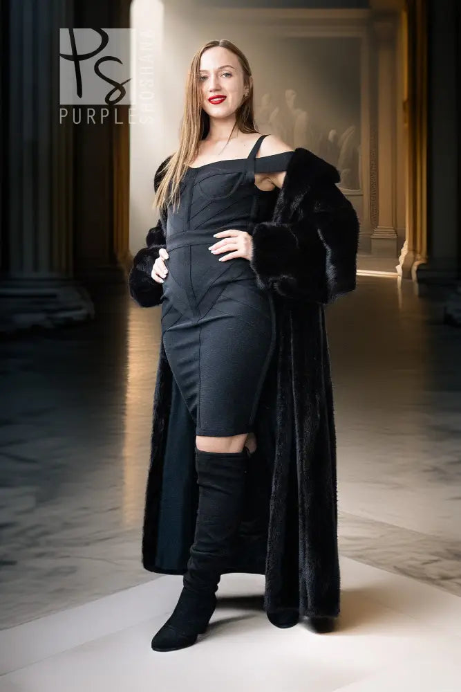 Black mink full-length coat with off-shoulder neckline and open front