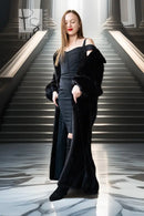 Black mink full-length coat with long sleeves and draped collar