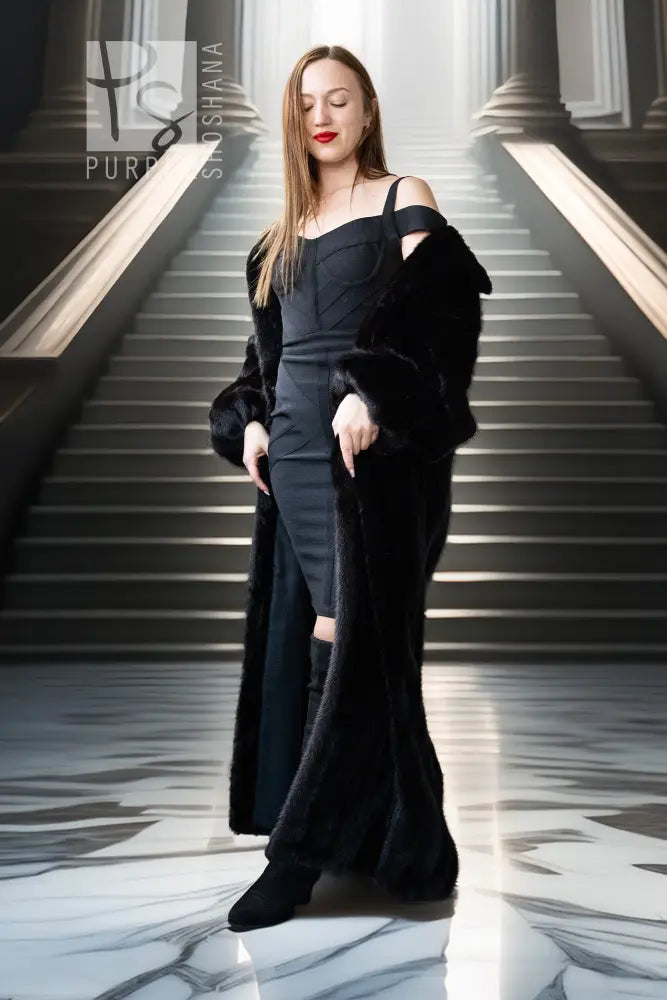 Black mink full-length coat with long sleeves and draped collar