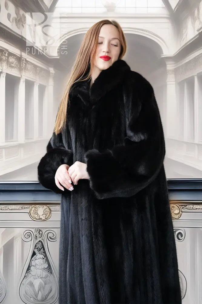 Black mink full-length coat with wide fur collar and long sleeves, open front