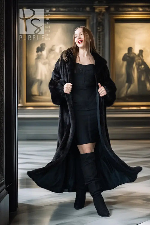 Black mink coat with flared long hem and open front, fur collar detail