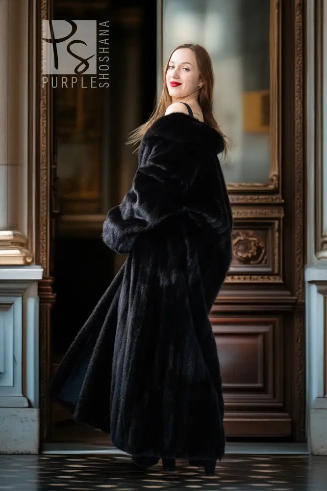 Black mink full-length coat with long sleeves and slightly flared hem