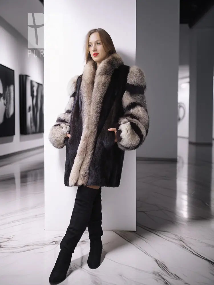 Noir Halo dark mink jacket with fox fur collar and striped sleeve trim, open front