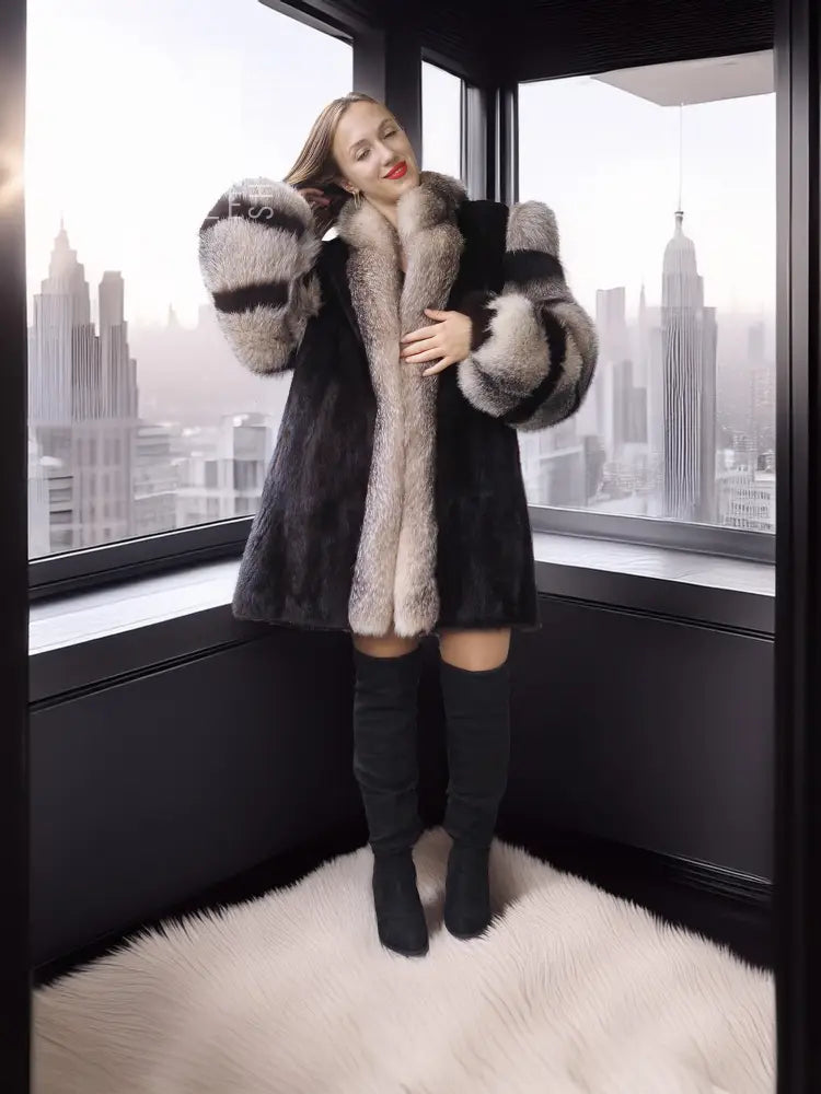 Dark mink jacket with fox-fur trim, open front, and fluffy striped sleeves
