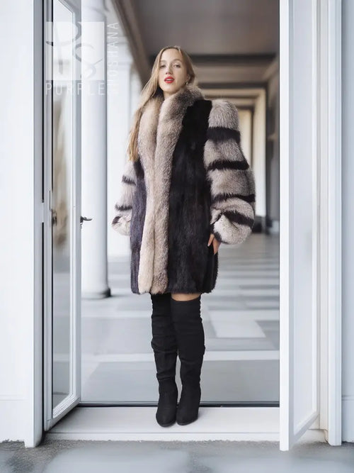 Mink fur jacket with gray fox-fur trim and striped sleeves, standing front view.