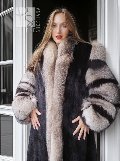 Noir Halo dark mink coat with pale fox fur collar and striped sleeve cuffs, open front