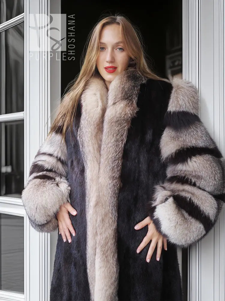 Noir Halo dark mink coat with pale fox fur collar and striped sleeve cuffs, open front