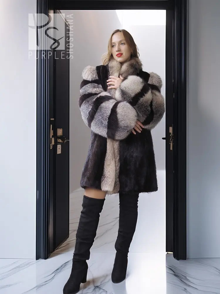 Dark mink jacket with long fox-fur trim panels, open front, and fluffy cuffs