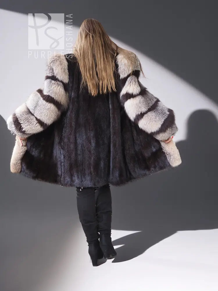 Noir Halo dark mink jacket with striped fox fur cuffs and open front
