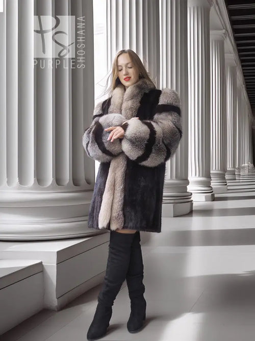Dark mink jacket with fox-fur trim, long length, open front, and wide sleeve cuffs