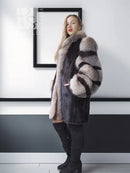 Dark mink jacket with striped fox-fur accents, high collar, and open front