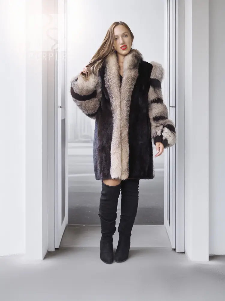 Dark mink fur jacket with gray fox-fur collar and striped sleeves, front view.