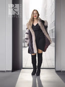 Dark mink jacket with open front, long fur collar, and striped fox trim