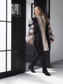 Dark mink jacket with fox-fur trim collar and striped sleeves, open front