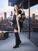 Mink fur jacket with gray fox-fur trim and oversized striped sleeves, front view.