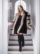 Dark mink jacket with fox-fur trim collar, open front, and long striped sleeves