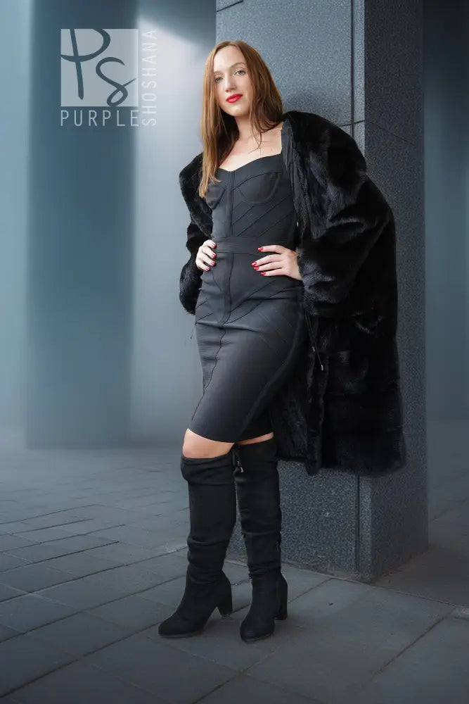 Black mink hooded coat, wide sleeves and open front with fur texture