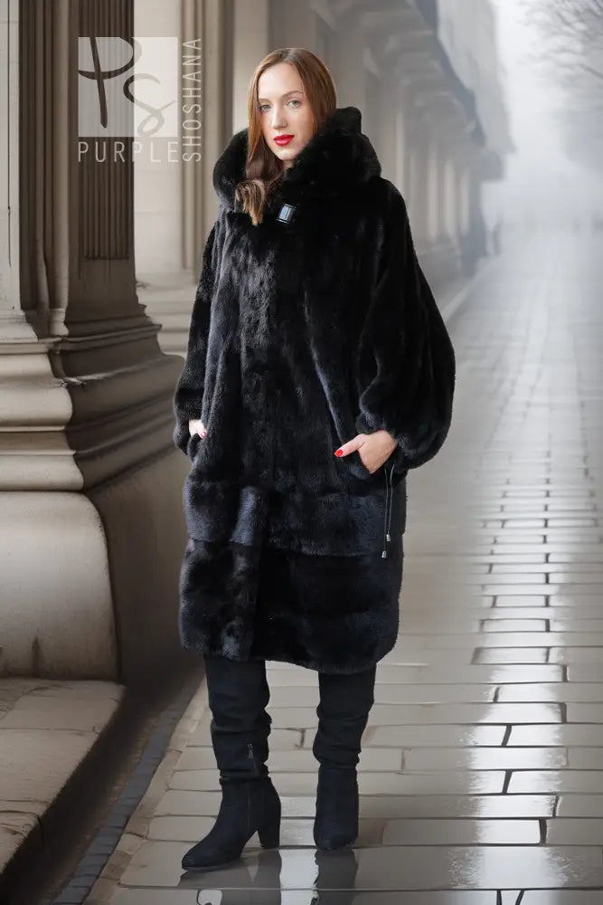 Black mink hooded coat with front pockets and mid-calf length