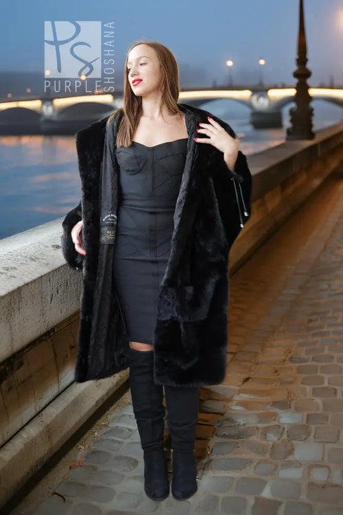 Black mink hooded coat with open front and textured fur finish