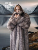 Fox-fur coat with shawl collar detail, thick textured fur front and long length