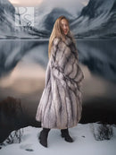 Long fox-fur coat with shawl collar, full length front view with flowing fur sleeves