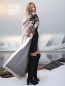 Fox fur coat with shawl collar, long gray pelt texture in side profile over black outfit