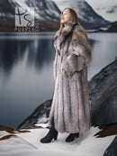 Long fox fur coat with shawl collar, side view, dark gray and silver tones