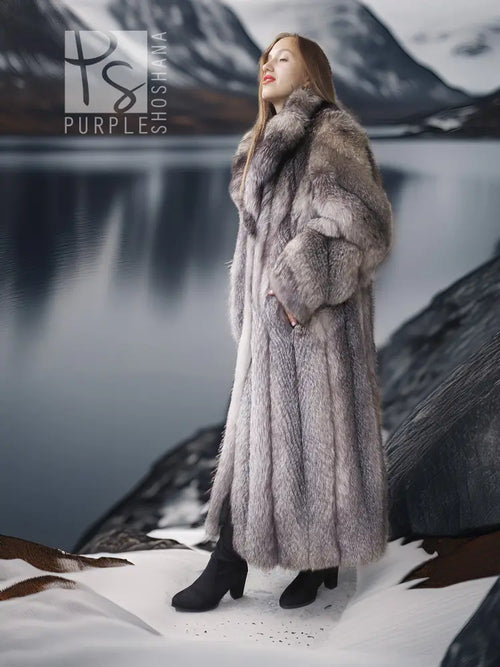 Long fox fur coat with shawl collar, side view, dark gray and silver tones