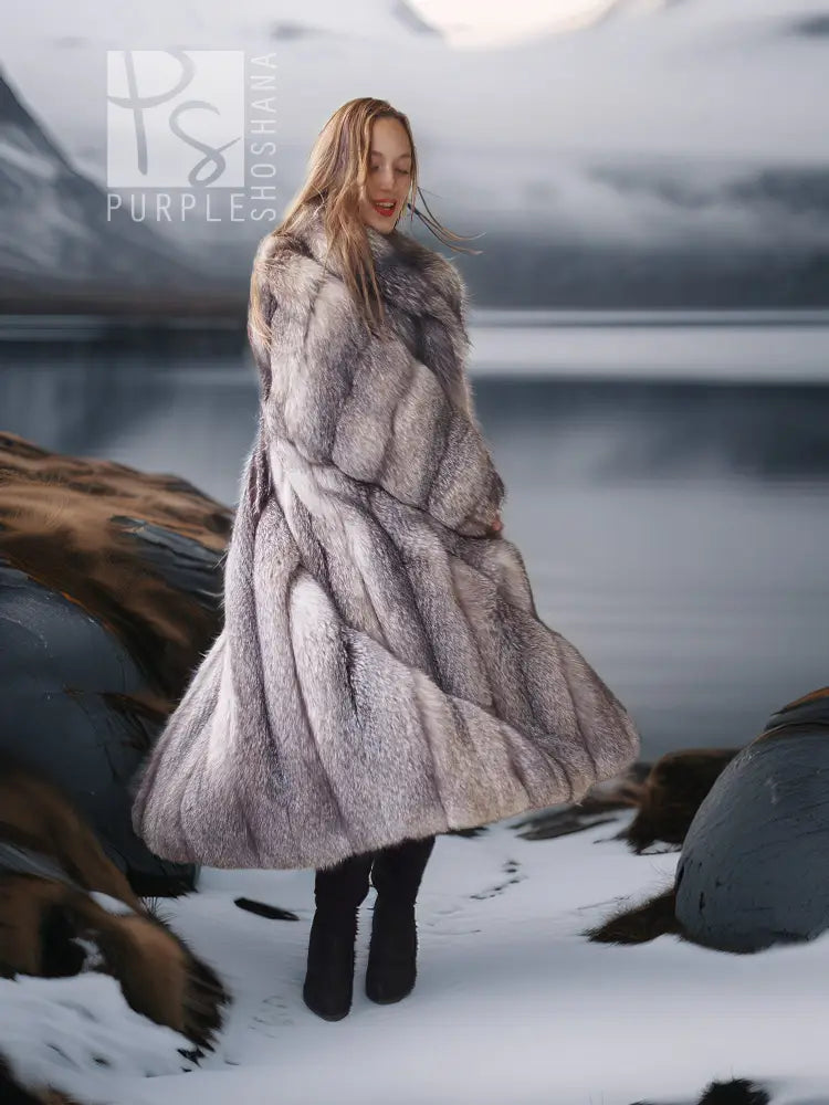 Long fox-fur coat with shawl collar, profile view showing textured fur panels
