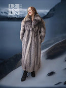Long fox fur coat with shawl collar, gray pelt texture and open front over black dress