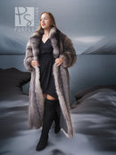 Long fox fur coat with shawl collar, front view, open stance, gray fur finish