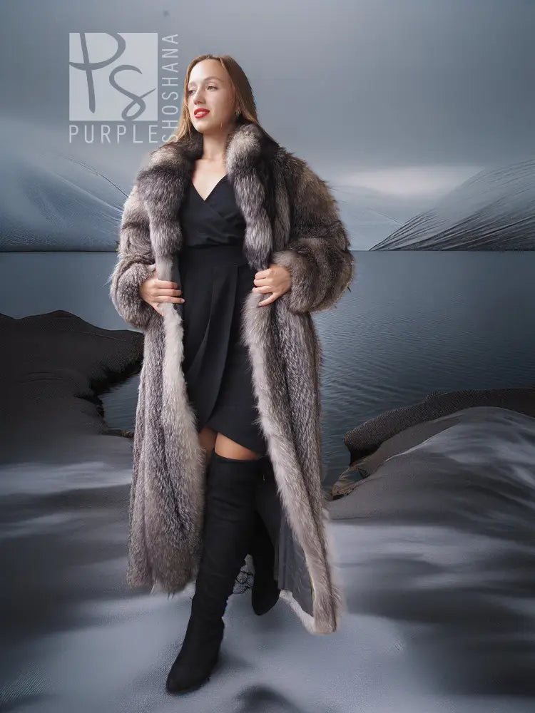 Long fox fur coat with shawl collar, front view, open stance, gray fur finish