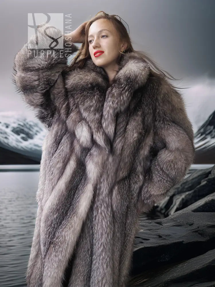 Northern Light – Regal Indigo Fox Coat with a Shawl Collar