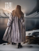 Long fox fur coat with shawl collar, back view, gray striped fur pattern