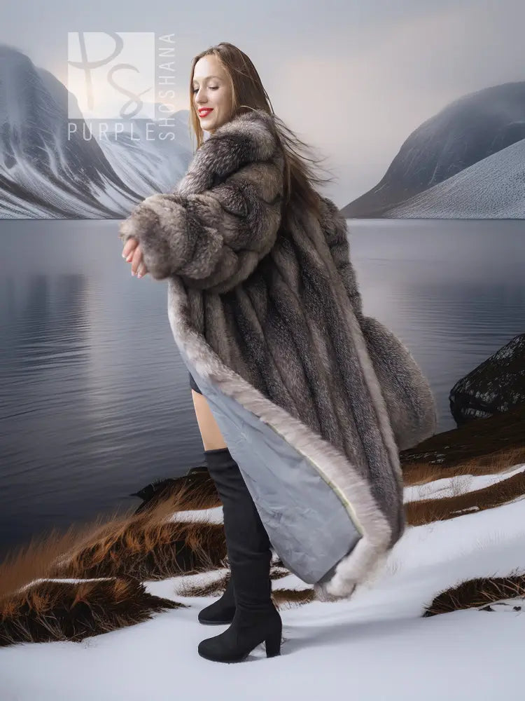Long fox fur coat with shawl collar, three-quarter side view, gray fur texture