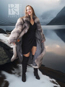 Fox-fur coat with shawl collar, three-quarter view with soft padded fur sleeves